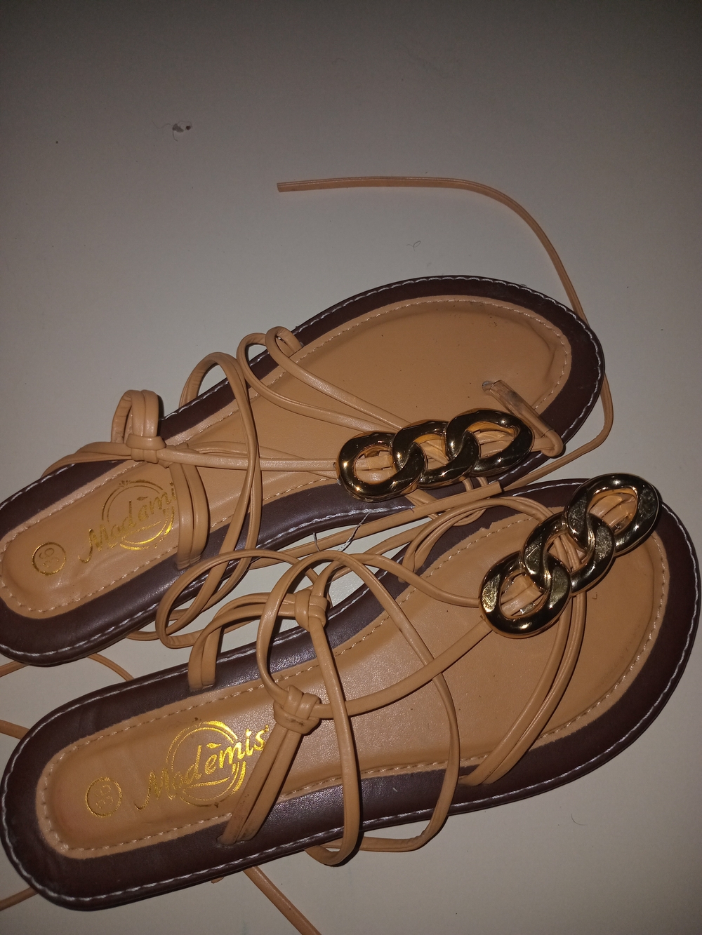 Strappy Tan Lace-Up Sandals with Gold Chain Detail